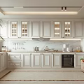 Modern White Kitchen Interior With Glass Front Cabinets Marble Countertop And Appliances