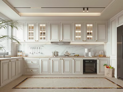 Modern White Kitchen Interior With Glass Front Cabinets Marble Countertop And Appliances 3d model