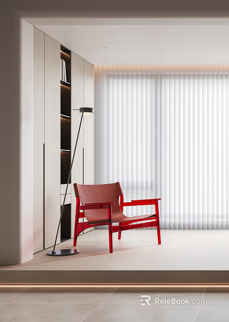 Red Lounge Chair with Floor Lamp beside White Blinds in Light Colored Room 3d model 