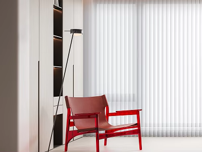 Red Lounge Chair with Floor Lamp beside White Blinds in Light Colored Room 3d model