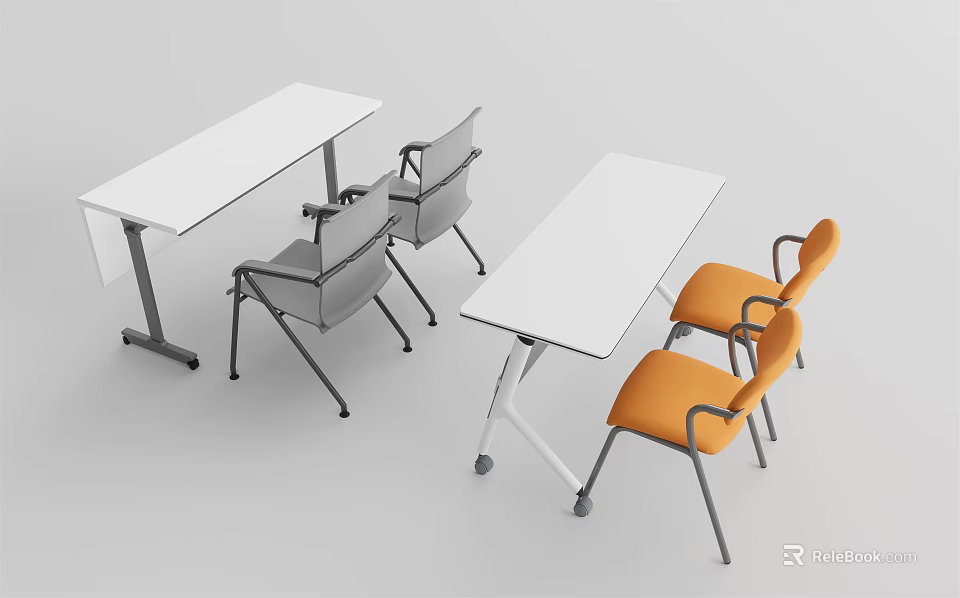 Two White Desks with Gray and Orange Chairs Simple Modern Design 3d model 