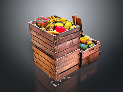 Stacked Wooden Crates Filled With Colorful Pumpkins And Gourds 3d model