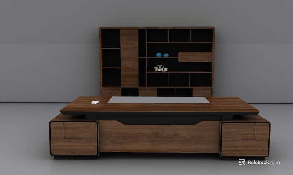 Modern Wooden Office Desk With Spacious Top Shelving Unit And Decorative Items 3d model 