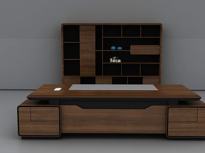 Modern Wooden Office Desk With Spacious Top Shelving Unit And Decorative Items 3d model