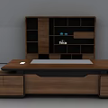 Modern Wooden Office Desk With Spacious Top Shelving Unit And Decorative Items