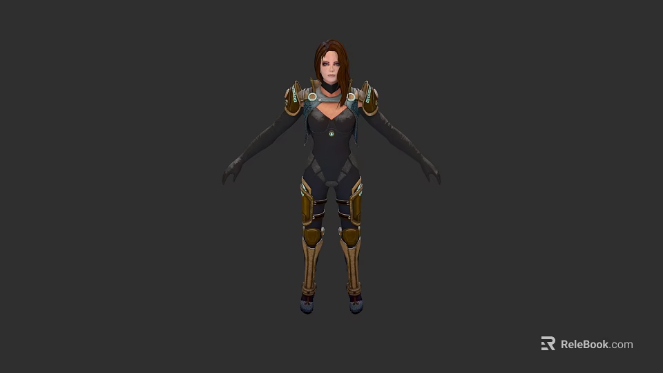 Woman In Dark Tight Fitting Outfit With Golden Armor Standing On Gray Background 3d model 