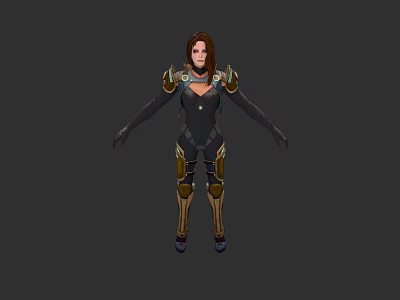 Woman In Dark Tight Fitting Outfit With Golden Armor Standing On Gray Background 3d model