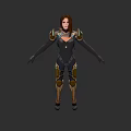 Woman In Dark Tight Fitting Outfit With Golden Armor Standing On Gray Background