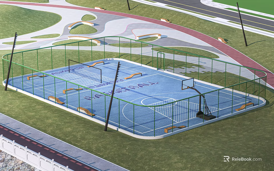 Park Landscape With Enclosed Basketball Court Blue Surface Green Fence And Grass Walking Path 3d model 