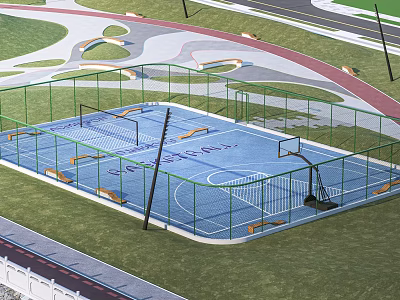 Park Landscape With Enclosed Basketball Court Blue Surface Green Fence And Grass Walking Path 3d model