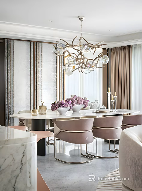 Luxurious Restaurant Dining Area With Round Marble Table Pink Chairs And Crystal Chandelier 3d model 