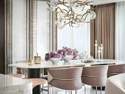 Luxurious Restaurant Dining Area With Round Marble Table Pink Chairs And Crystal Chandelier 3d model