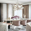 Luxurious Restaurant Dining Area With Round Marble Table Pink Chairs And Crystal Chandelier