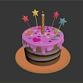 Two Layer Birthday Cake With Pink Dripping Frosting Lit Candle Colorful Stars And Heart Decorations