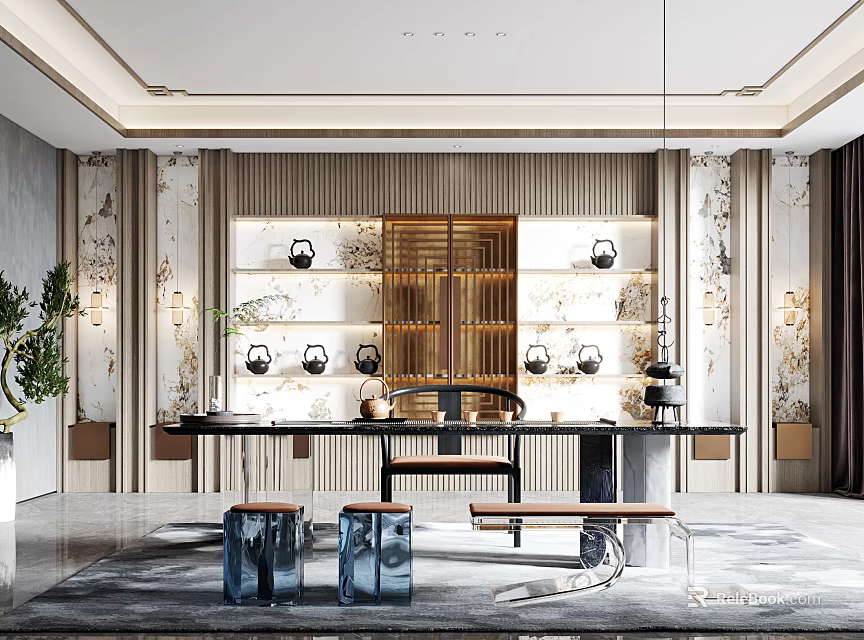 Modern Tea Room Interior Design With Wooden Decor Tea Set Display And Soft Lighting 3d model 
