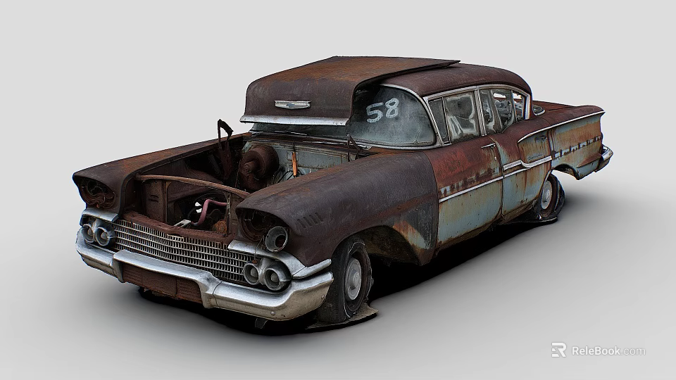 Rusted Vintage Car With Number 58 Open Hood And Classic Design 3d model 