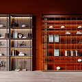 Shelving Units With Red Background Grid Design Tea Sets Books Decorative Items And Green Plant
