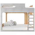 Modern Bunk Bed With Light Gray Frame Wooden Ladder Steps And Pillows On Lower Bunk