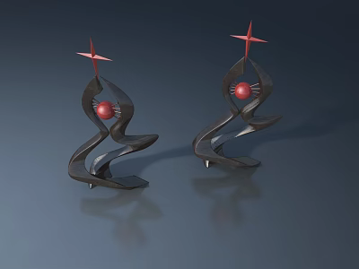 Black Abstract Sculptures Featuring Red Star Tops Red Spheres And Spiral Design On Gray Background 3d model