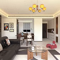 Modern Living Dining Room Interior With Sofa Coffee Table Chandelier Bookshelf Rug And Dining Chairs