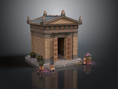 Classical Stone Temple Structure With Ornate Roof Entrance Steps And Decorative Vases 3d model