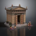 Classical Stone Temple Structure With Ornate Roof Entrance Steps And Decorative Vases