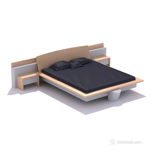 Modern Double Bed With Black Mattress And Light Wood Nightstands 3d model 