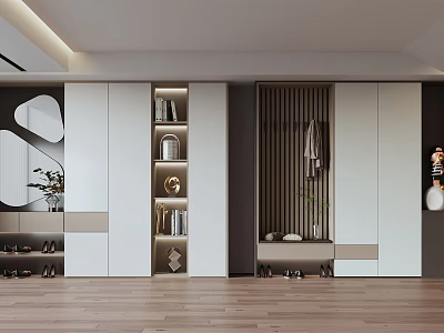 Modern Shoe Cabinet Design With White Storage Units Open Shelves And Wooden Accents 3d model
