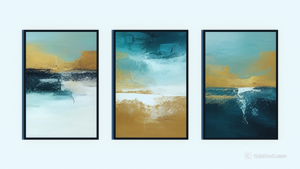 Three Panel Abstract Oil Paintings With Gold Blue White Brushstrokes 3d model 