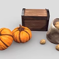 Fresh Garden Vegetables Pumpkins and Potatoes in Wooden Chest and Burlap Sack