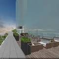 Modern Rooftop Terrace With Glass Curtain Wall Building Outdoor Furniture And Green Plants