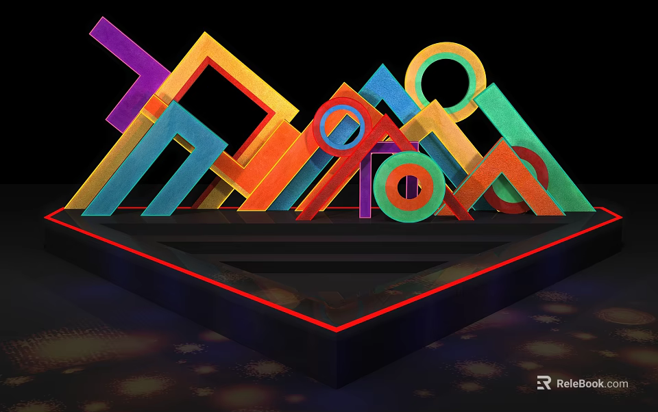 Stage Decorated with Colorful Geometric Shapes Black Background Red Line Decorations and Lighting Effects 3d model 