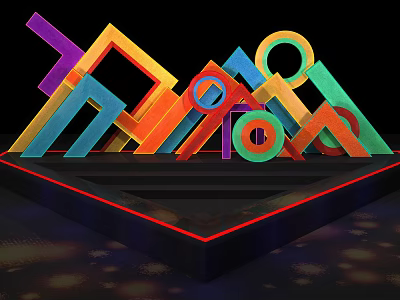 Stage Decorated with Colorful Geometric Shapes Black Background Red Line Decorations and Lighting Effects 3d model