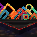 Stage Decorated with Colorful Geometric Shapes Black Background Red Line Decorations and Lighting Effects