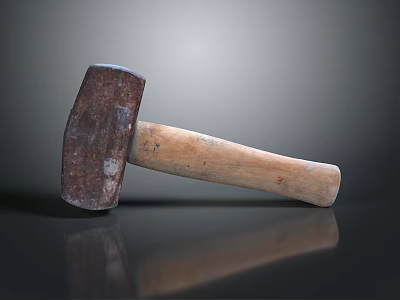 Rustic Hardware Tool Hammer with Wooden Handle and Metal Head on Reflective Surface 3d model