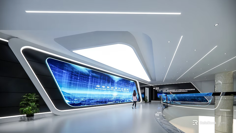 Modern Exhibition Hall Featuring Blue LED Screen With Data Display And Modern Lighting Design 3d model 