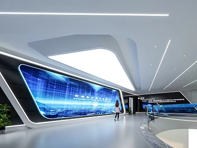 Modern Exhibition Hall Featuring Blue LED Screen With Data Display And Modern Lighting Design 3d model