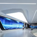 Modern Exhibition Hall Featuring Blue LED Screen With Data Display And Modern Lighting Design