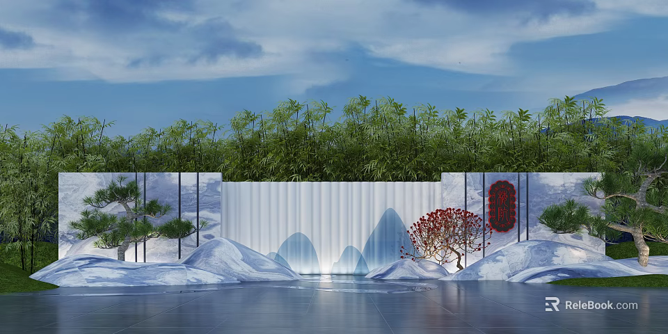 Scenic Wall Design With White Mountain Pattern Green Bamboo And Red Tree In Snow Scene 3d model 