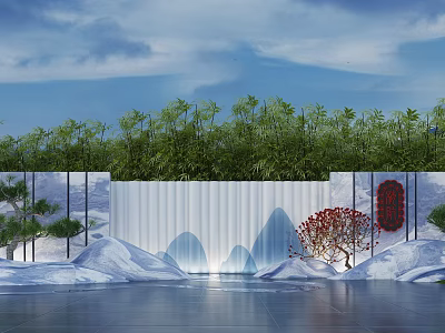 Scenic Wall Design With White Mountain Pattern Green Bamboo And Red Tree In Snow Scene 3d model