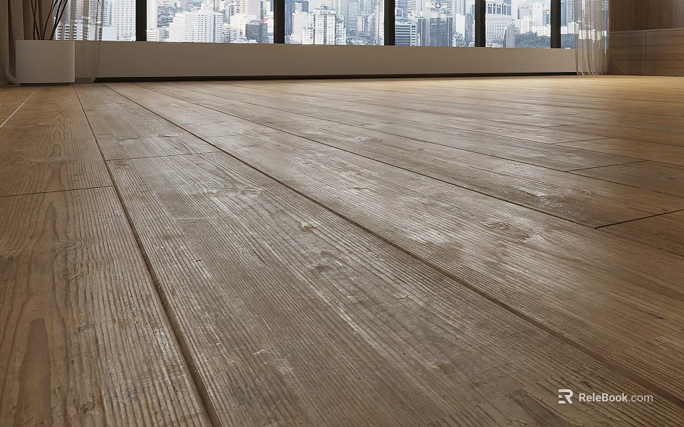 Textured Wooden Flooring In Spacious Room With City View And Natural Light 3d model 
