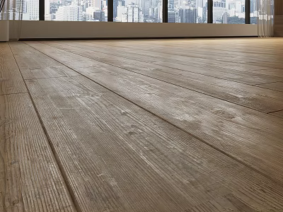 Textured Wooden Flooring In Spacious Room With City View And Natural Light 3d model