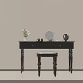 Elegant Black Dressing Table with Round Mirror Cosmetics Jewelry and Patterned Stool