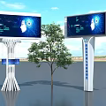 Outdoor Modern Billboard with Digital Screen Tech-inspired Blue Interface on White Pillar Surrounded by Trees 3d model