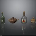 Decorative Glass And Ceramic Bottles With Painted Designs On Black Reflective Surface