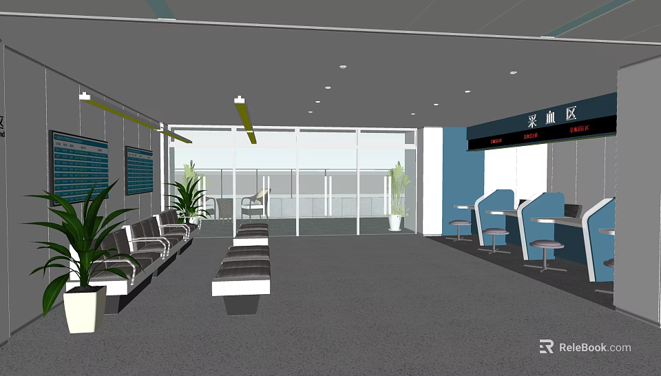 Modern Waiting Area Interior Design With Benches Plants Counter And Windows 3d model 