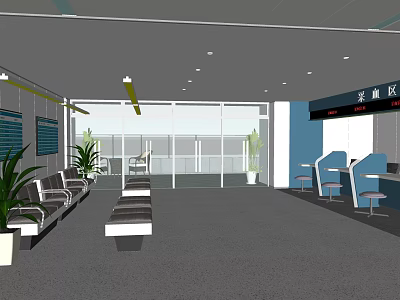 Modern Waiting Area Interior Design With Benches Plants Counter And Windows 3d model