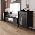 Modern Black TV Stand in Living Room with Side Cabinets and Decorative Ornaments