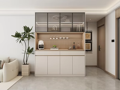 Modern Living Room Sideboard With Glass Doors Wooden Accents And Green Plant Decor 3d model