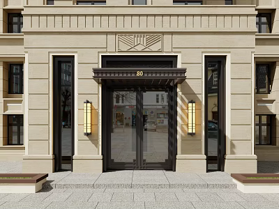 Elegant Building Entrance With Beige Stone Facade Black Frame Glass Doors And Wall Lamps 3d model